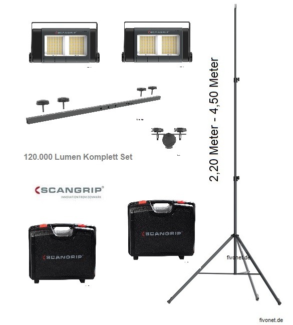 2x Scangrip 03.5269 SITE LIGHT 60 Baustrahler im Koffer Stativ 4,5m
