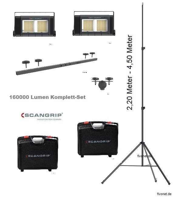 2x Scangrip 03.5269 SITE LIGHT 80 Baustrahler im Koffer Stativ 4,5m