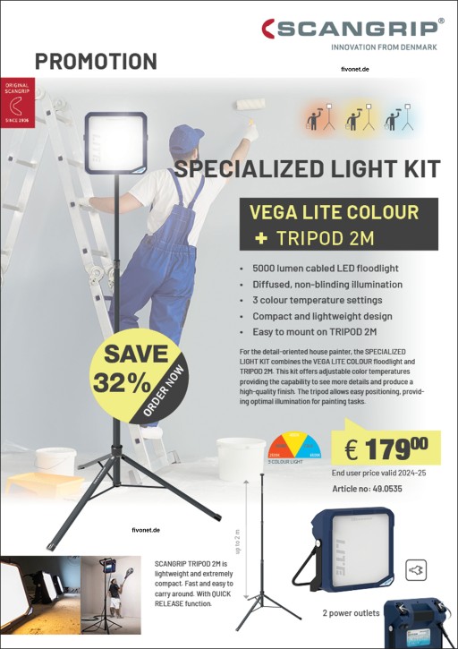 Scangrip 03.5459 VEGA LITE COLOUR Promotion Set Arbeitsleuchte mit 2 Meter Stativ 3 Farbtemperaturen