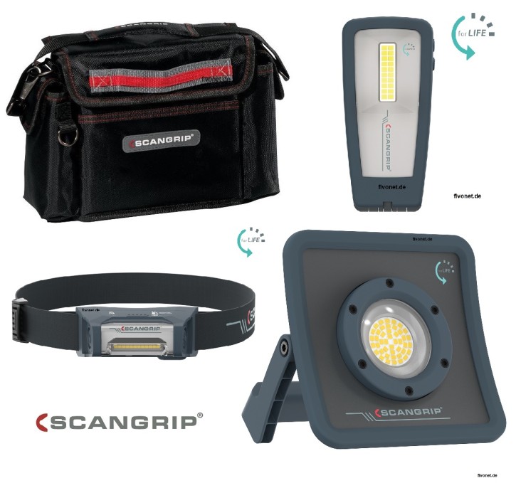 Scangrip Set bei fivonet.de NOVA R + Miniform + I-View / 3 Arbeitsleuchten mit Tasche